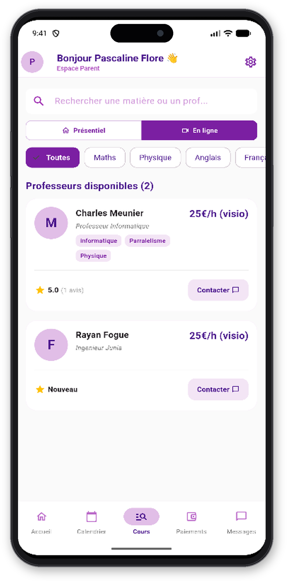 Recherche de professeurs dans l'application