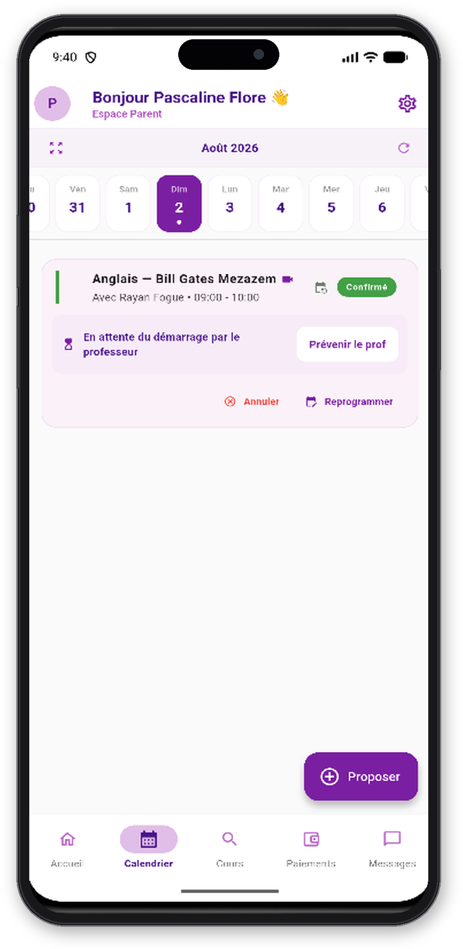 Calendrier des séances avec leur statut